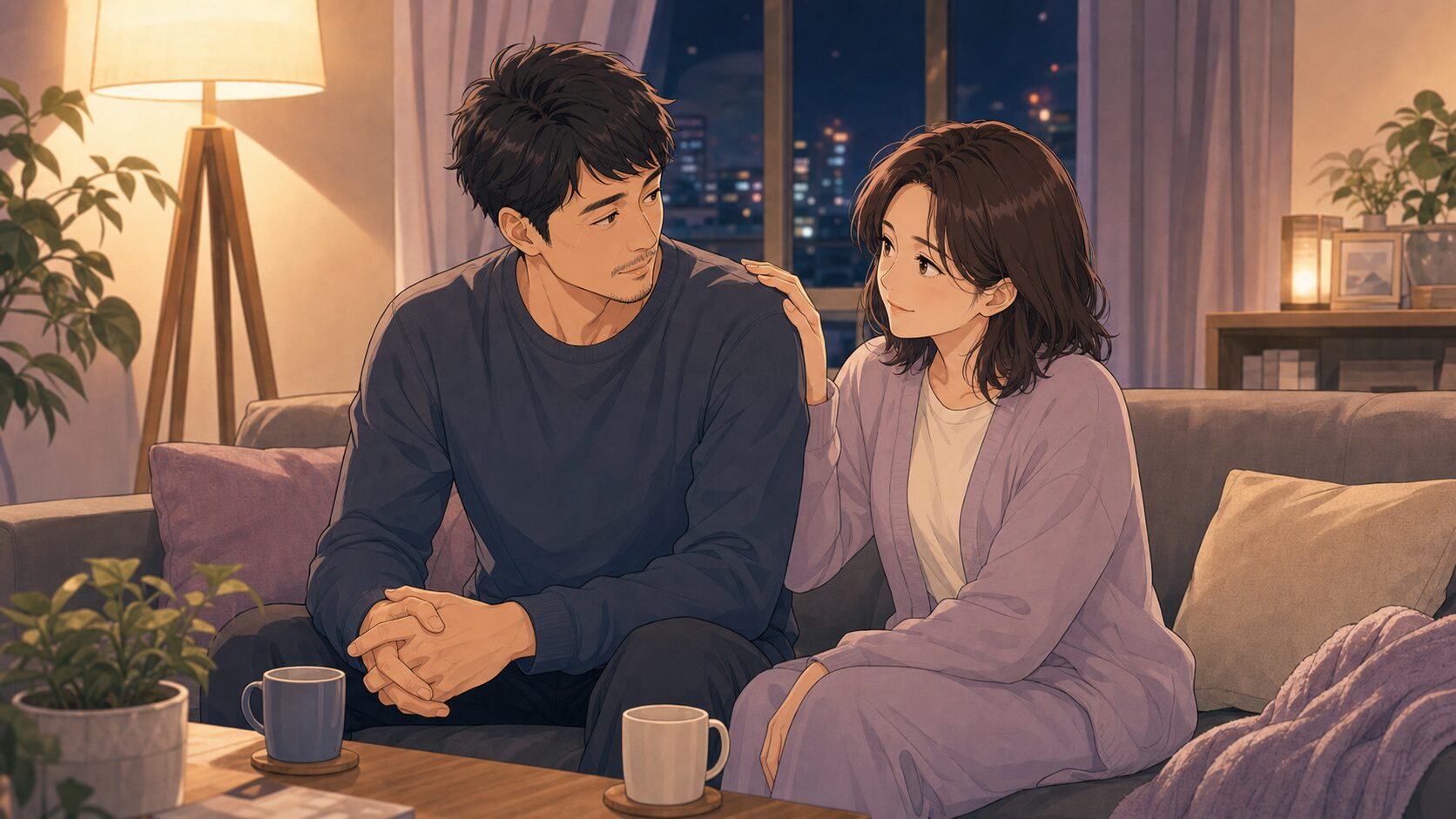 夫婦の夜の誘い方のサインを肩に手を置いて伝える夫婦