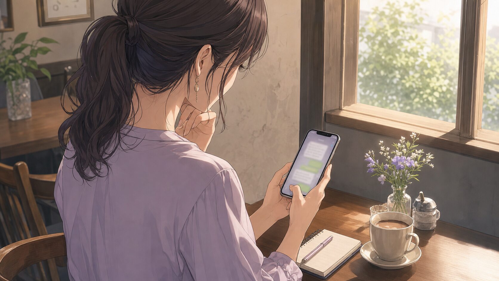 婚外恋愛のLINEで長文を控えて短い返信を考える女性