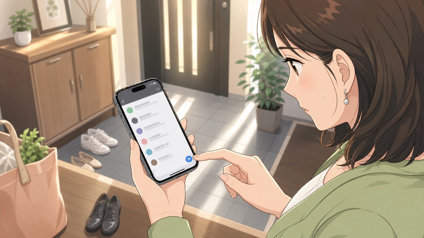 婚外恋愛のLINEでグループへの誤送信を防ぐため宛先を確認する女性