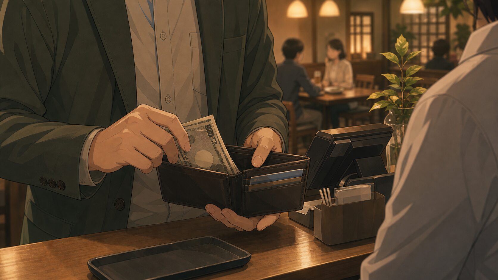 既婚者とのデートで利用明細を残さないために現金で支払う場面