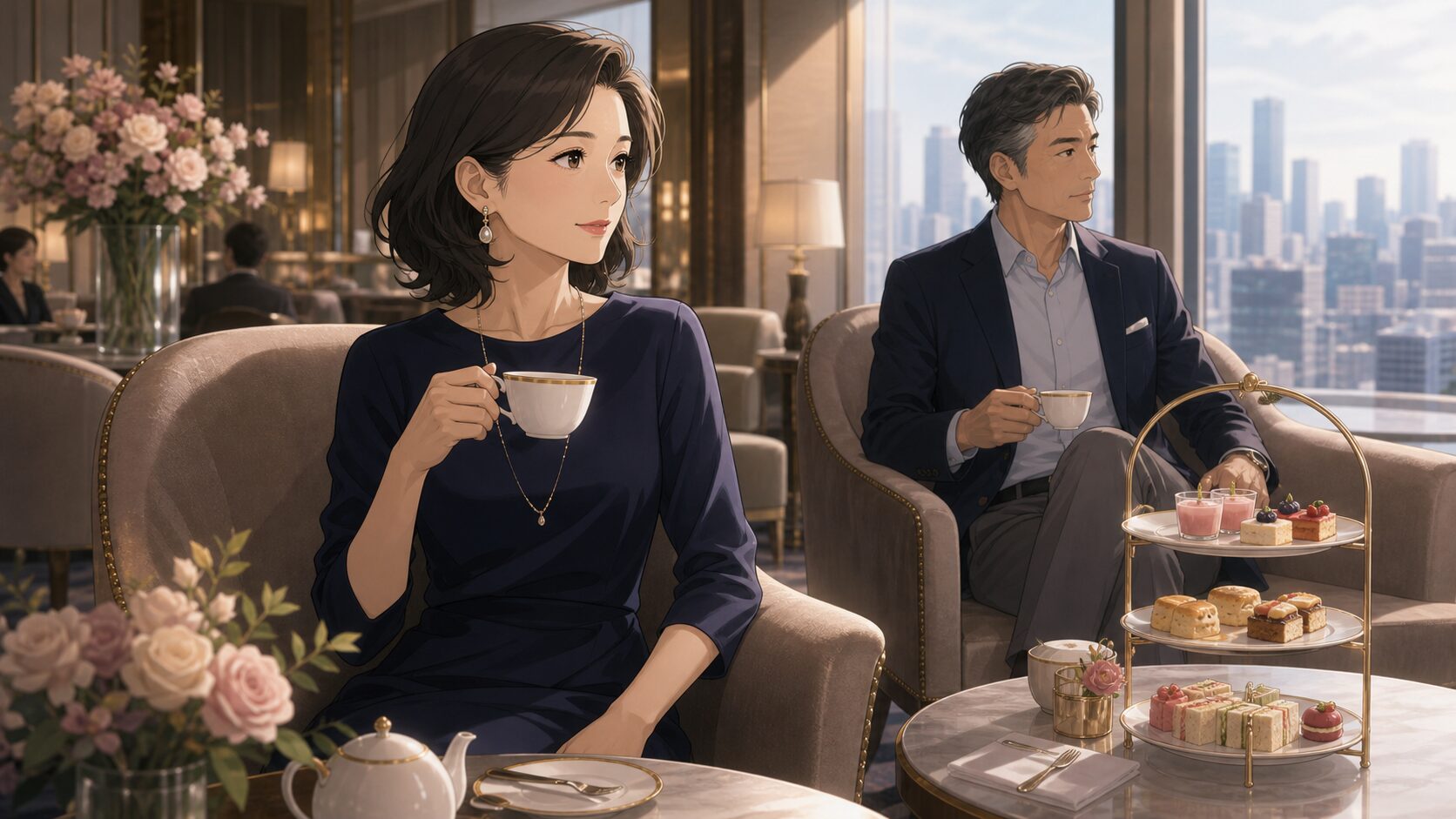 ホテルラウンジで落ち着いて過ごす既婚者のデート