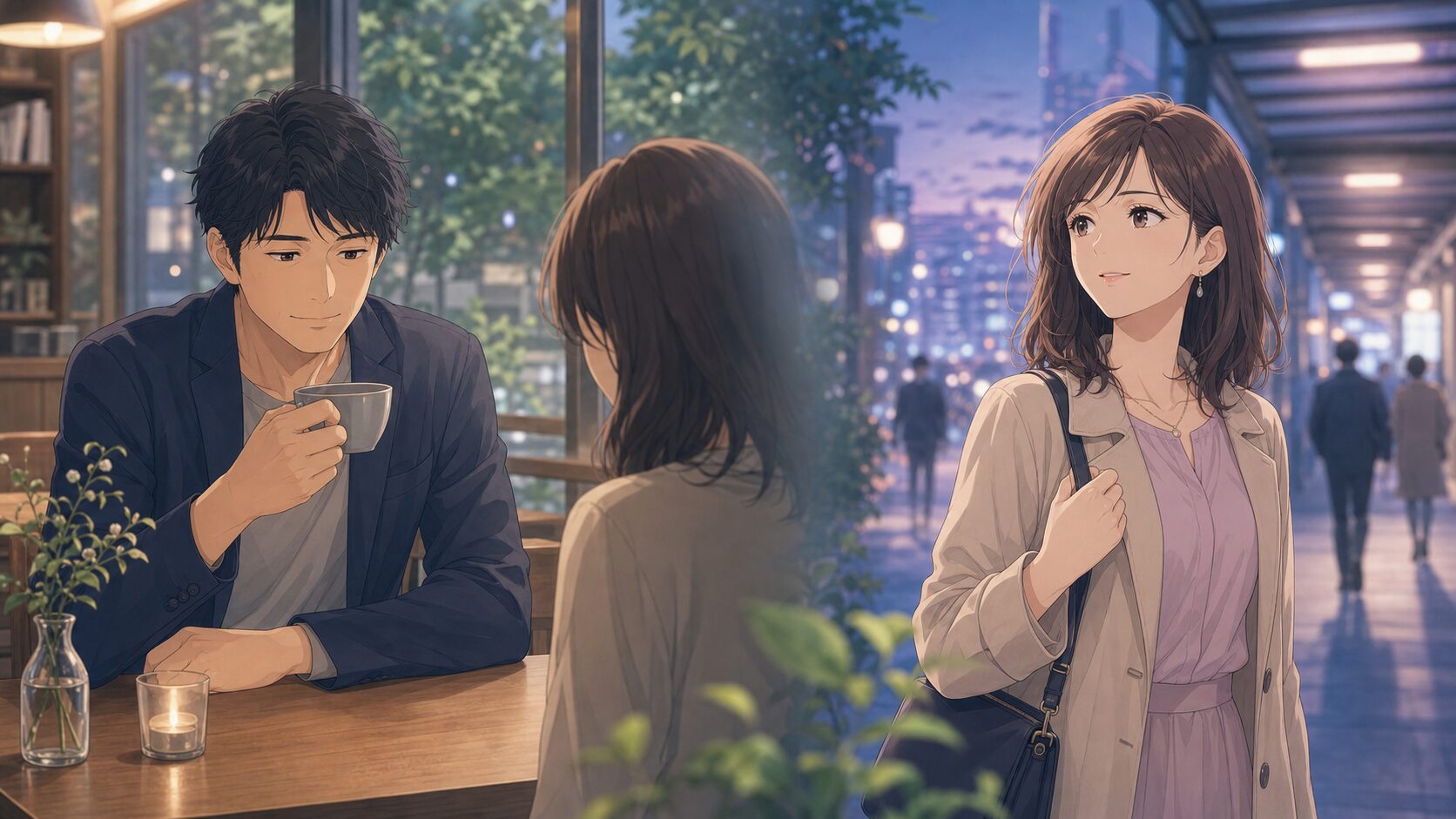 婚外恋愛してる人の男女別心理を癒しとときめきで表した場面