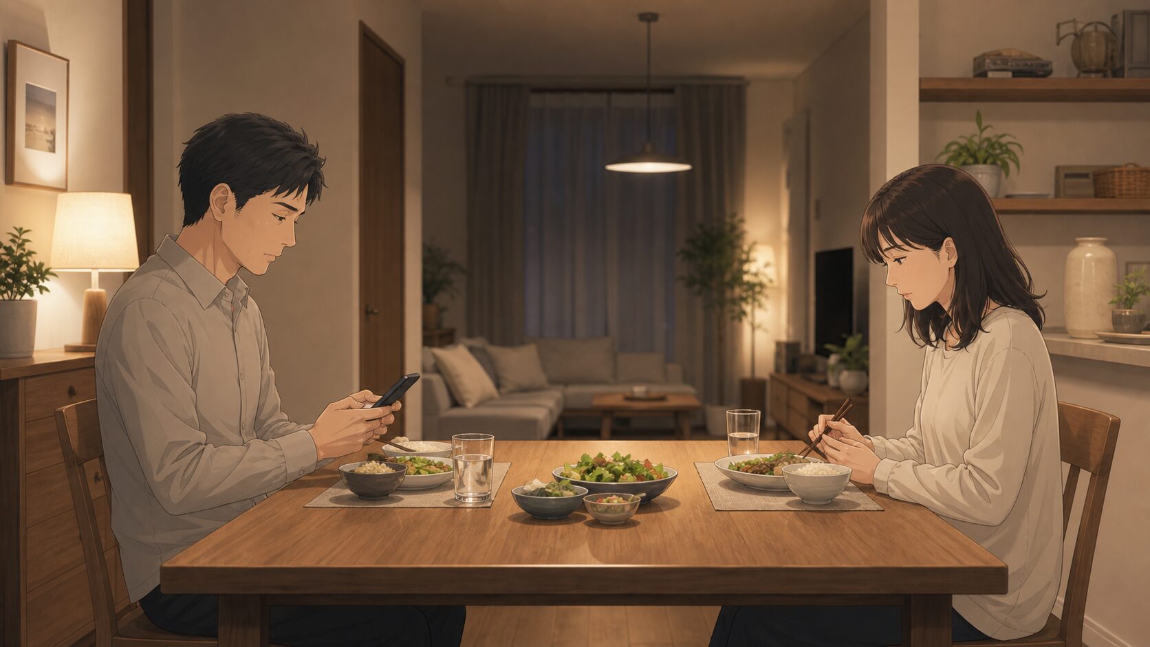 配偶者と心の会話が減り食卓で沈黙する夫婦