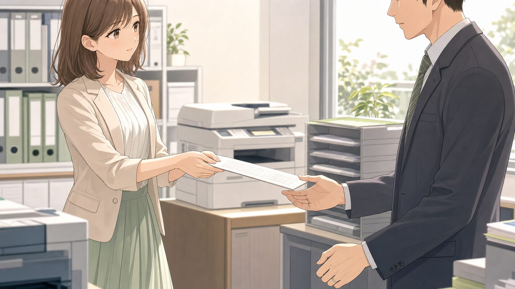 資料の受け渡しで既婚男性との距離が近くなり緊張する女性