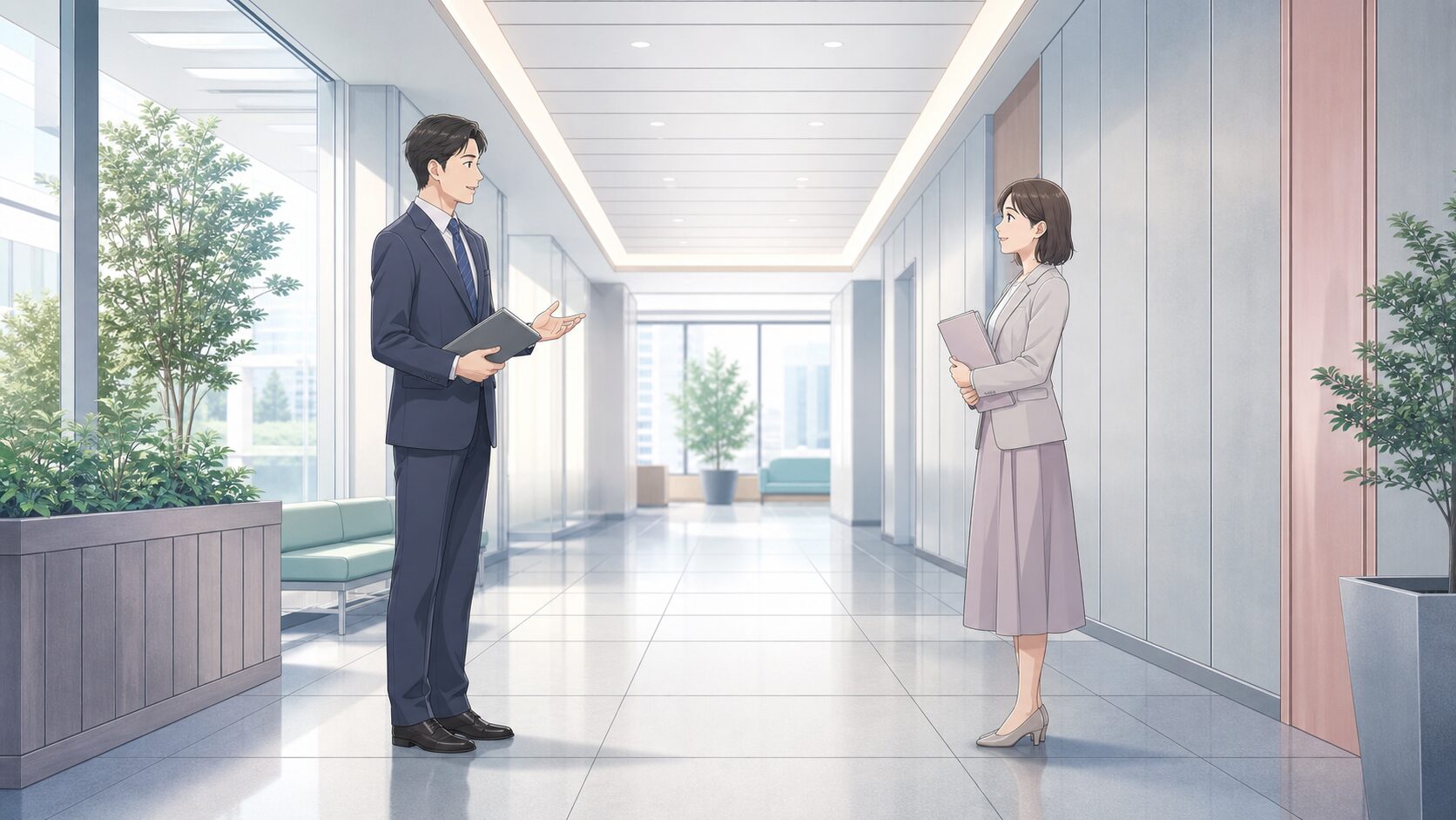 異性との距離感を一定に保って会話する既婚者と同僚