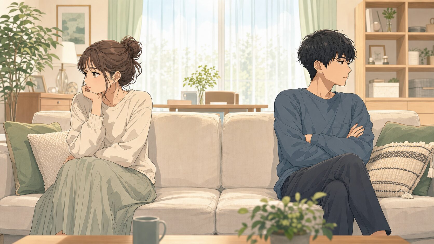 新婚でうまくいかない夫婦の特徴を表す距離のある新婚夫婦