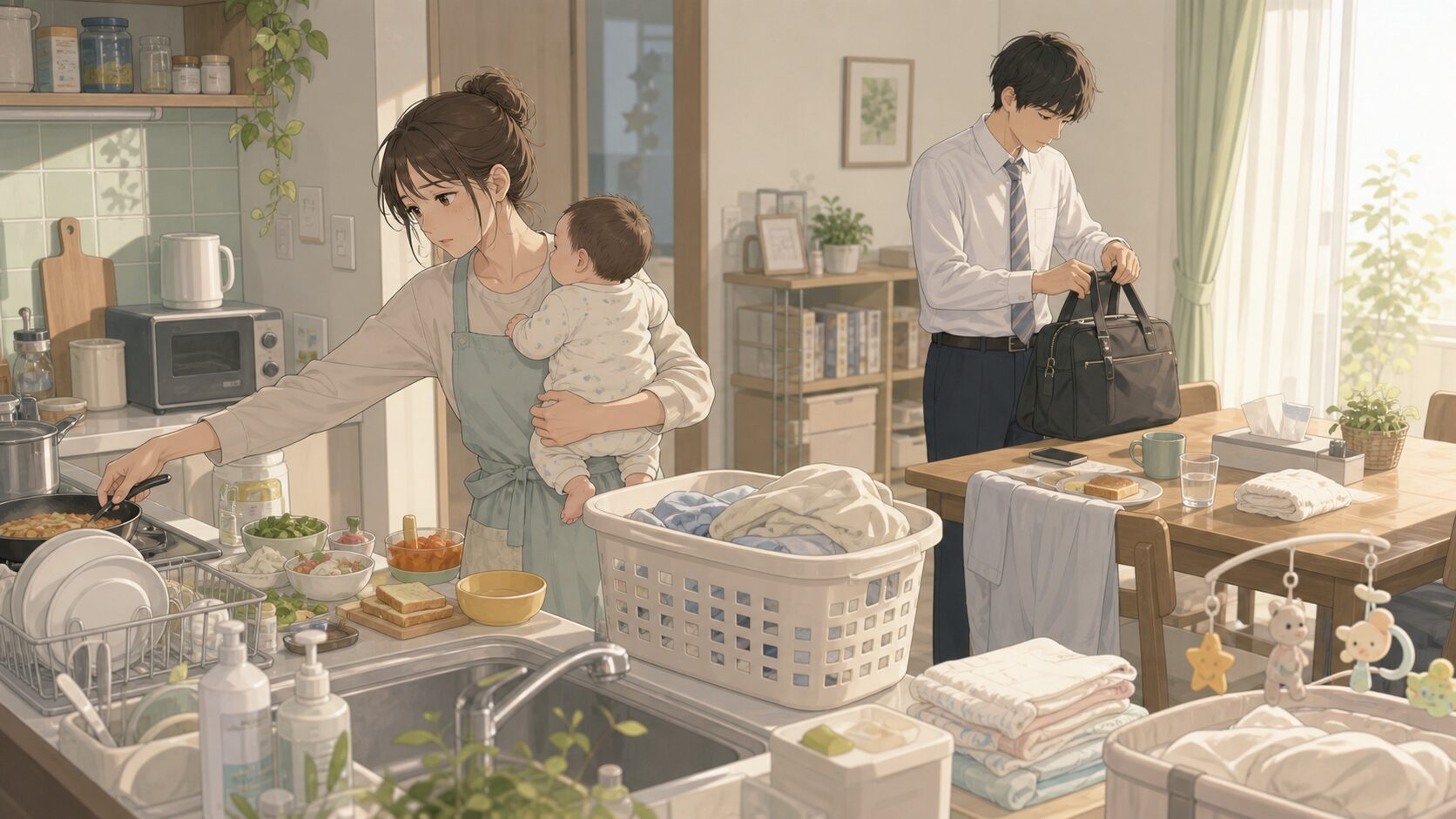 育児と家事の責任が妻に偏っている家庭の朝