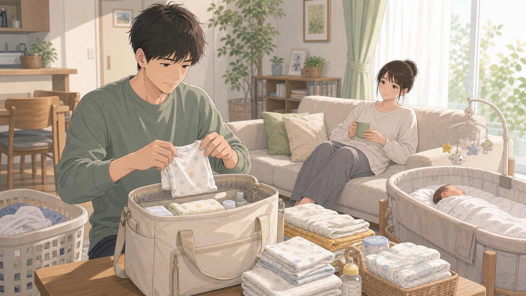 産後の妻を支えるため夫が主体的に家事育児をする様子