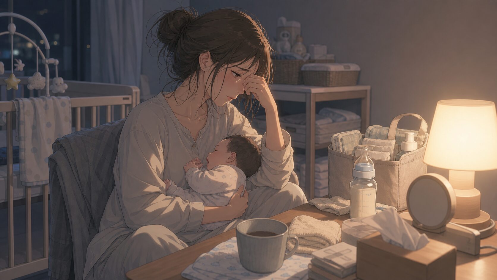深夜の育児で慢性的な睡眠不足に悩む産後の母親