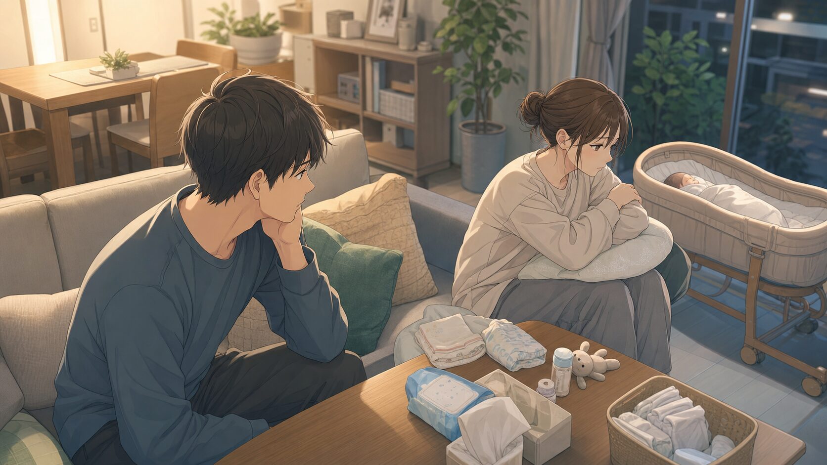産後に妻が冷たくなる理由に戸惑う夫婦と赤ちゃん