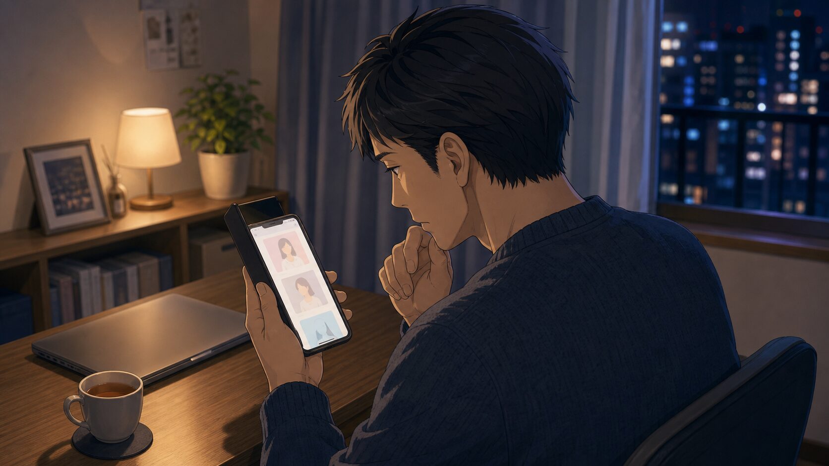 単身赴任中にマッチングアプリを慎重に確認する既婚男性