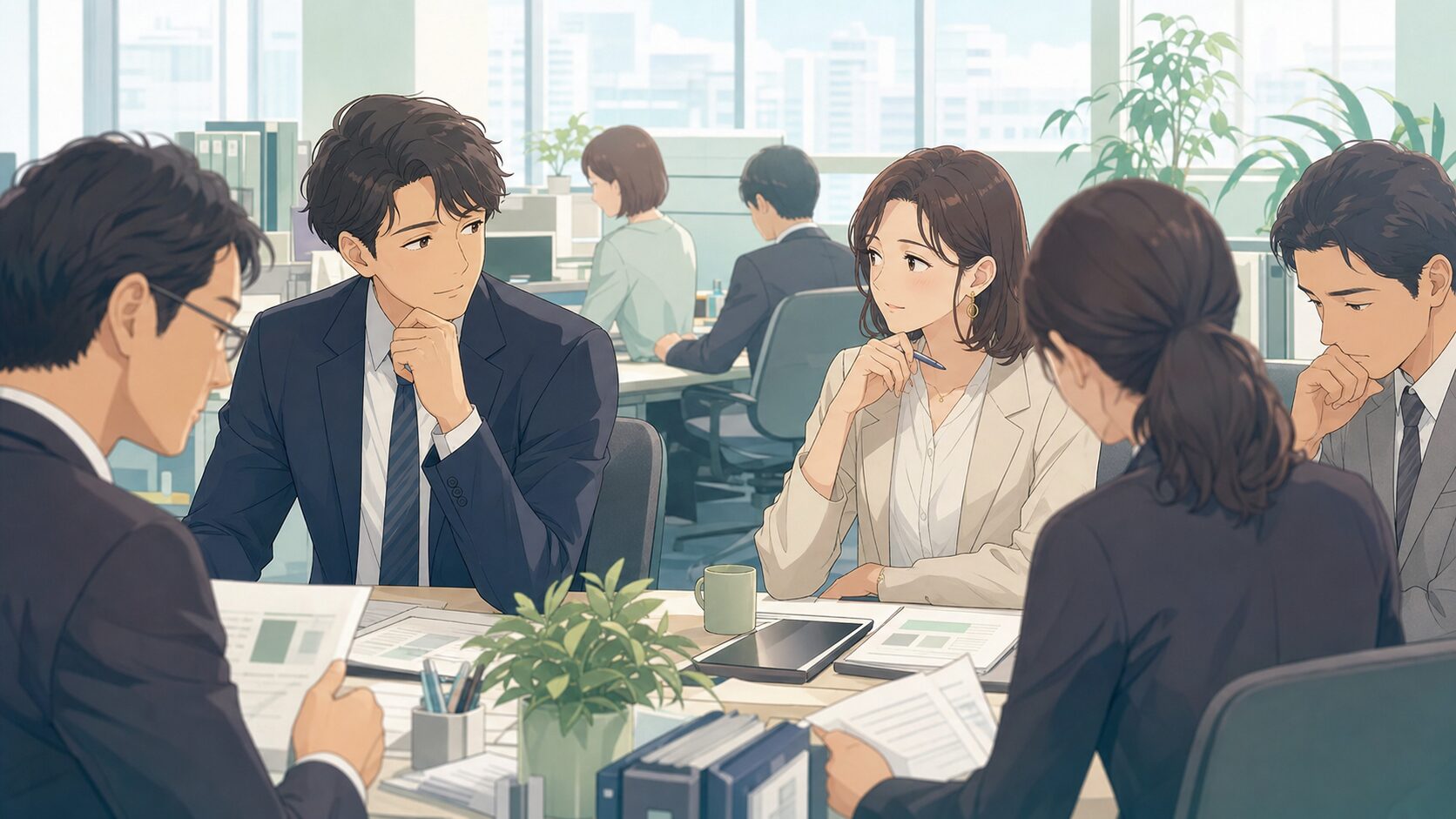 職場で婚外恋愛が始まりやすい理由を示す会議中の同僚