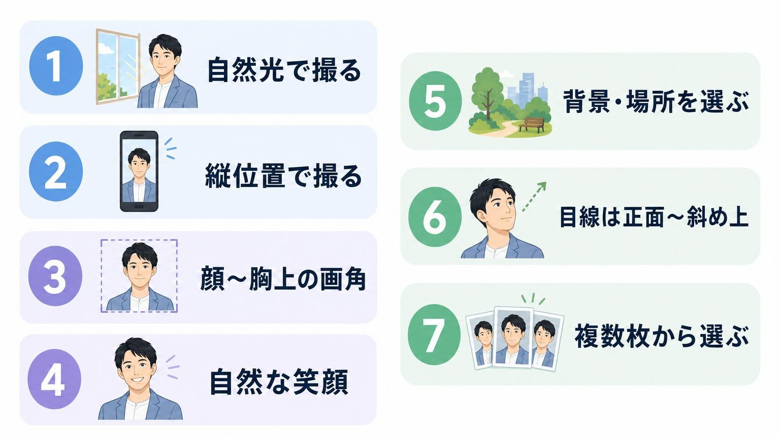 選ばれるプロフィール写真の7つのコツを一覧でまとめた早見表の図解