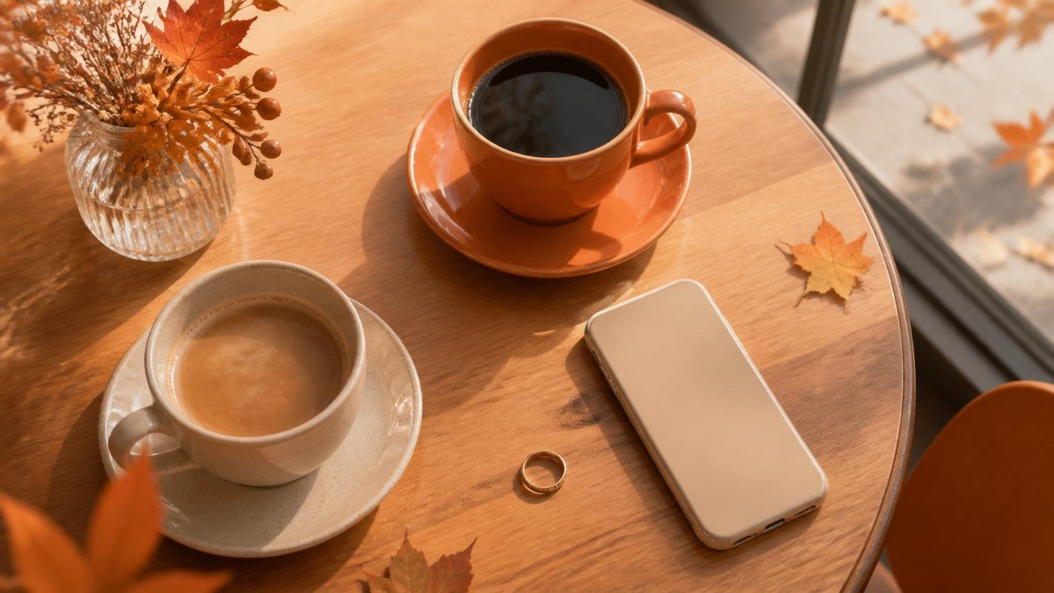 カフェのテーブルに置かれたコーヒーとスマホと結婚指輪の静かな情景