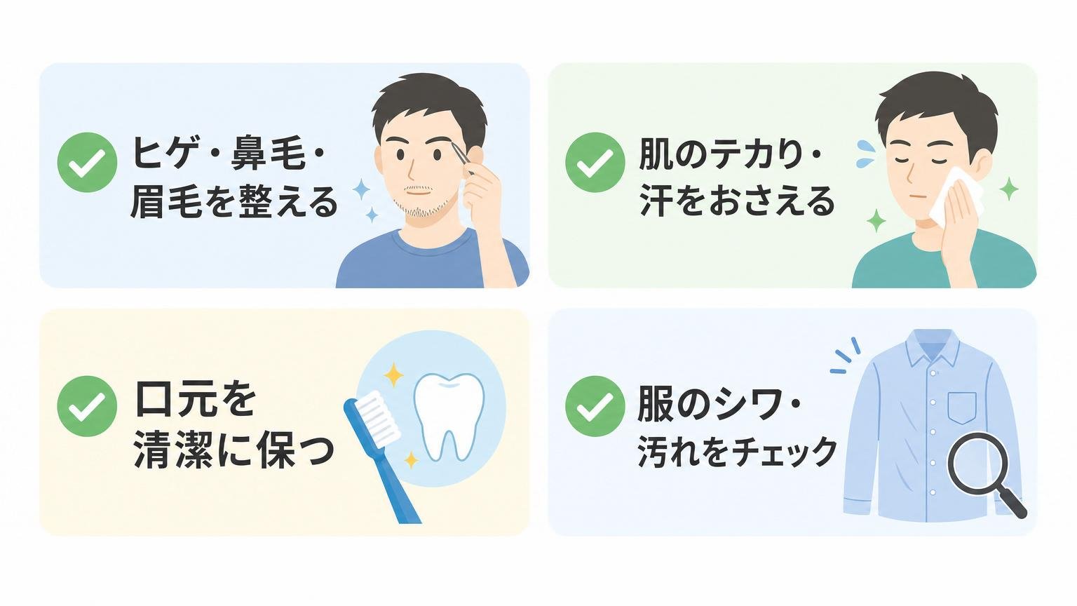撮影前に整えたい清潔感の4つのチェック項目を示した図解