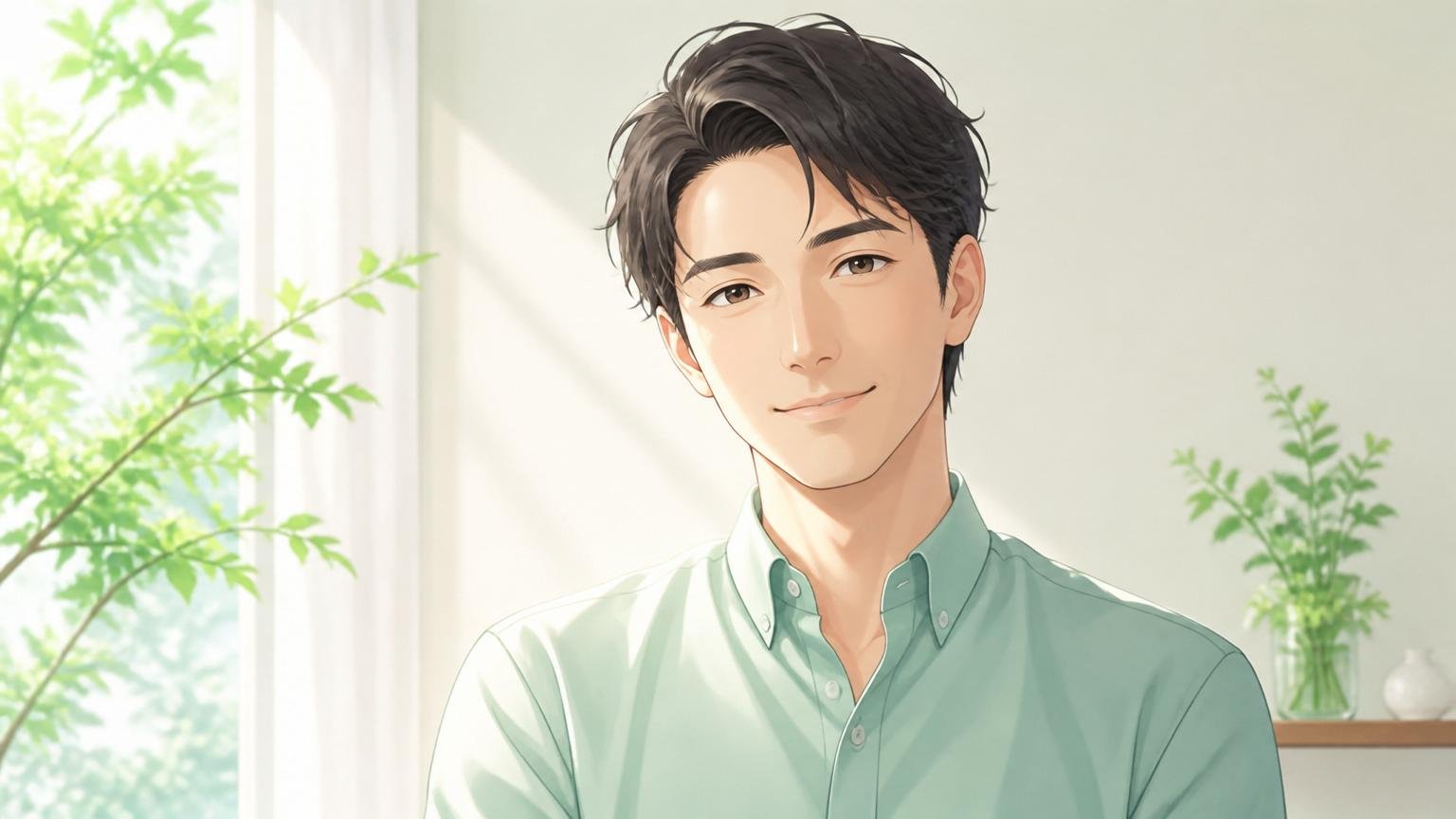清潔感のある服装で自然な表情をつくる男性のイメージ