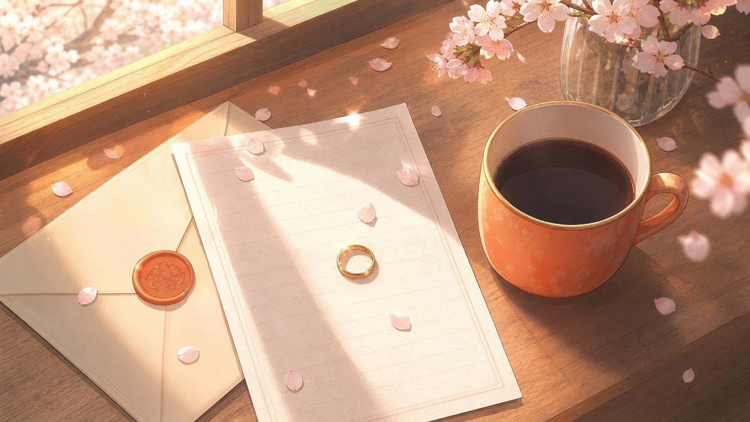 机の上の手紙とコーヒーと指輪の静かな情景
