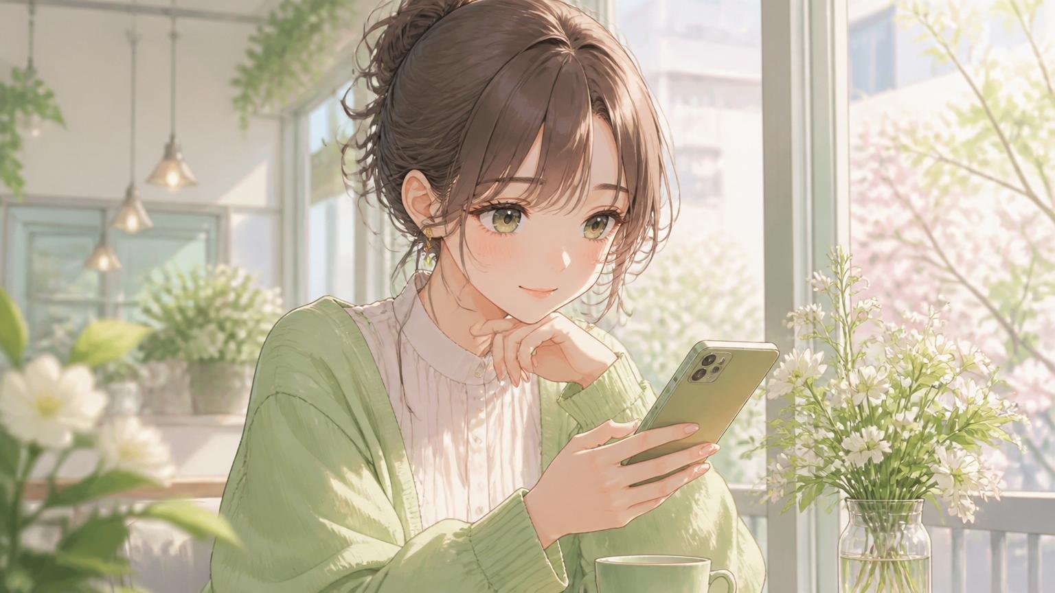 カフェでスマホを見る女性のイメージ