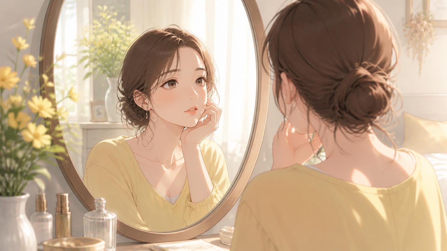鏡の前で自分を見つめる30代女性のイメージ