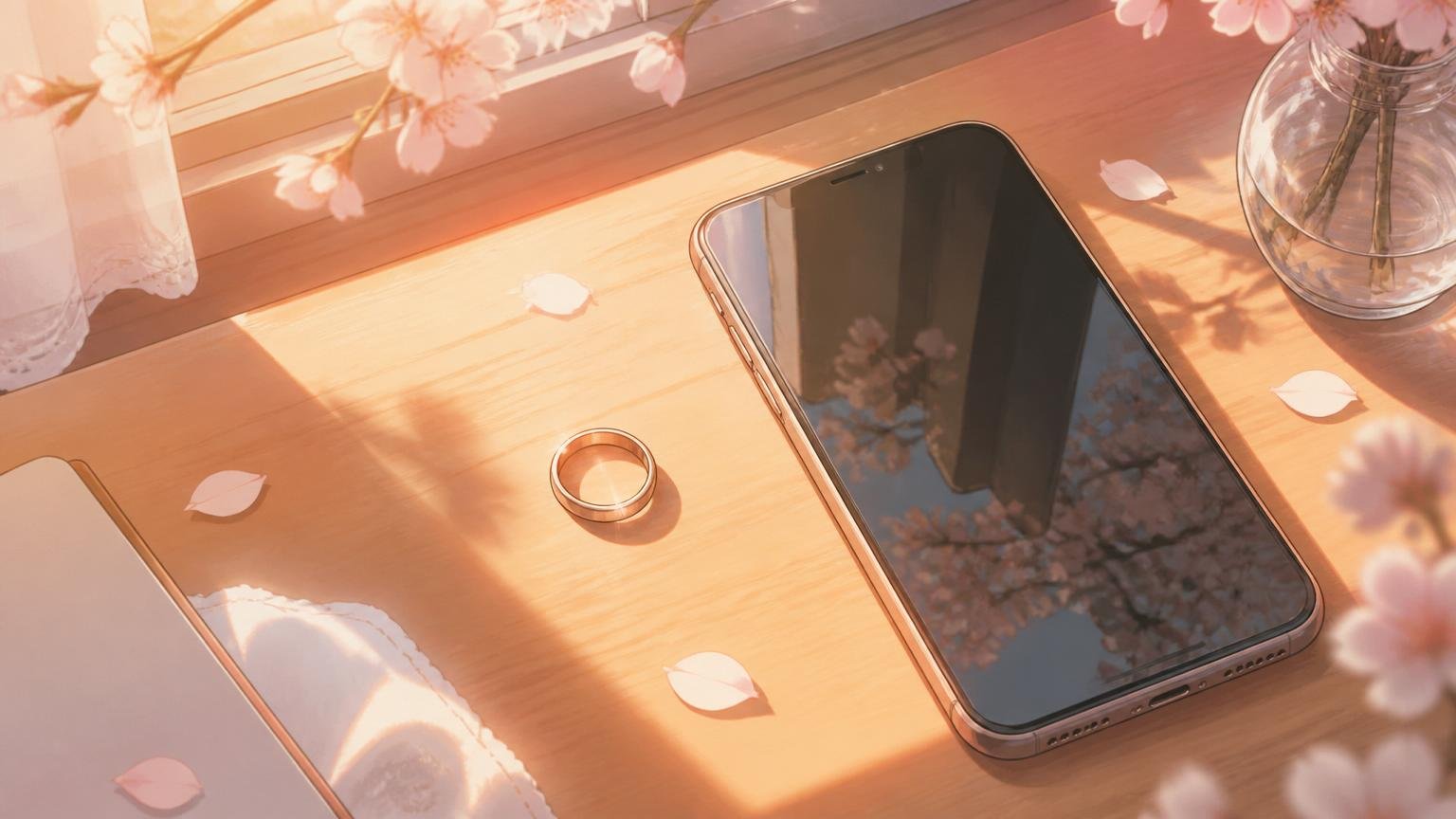 机の上のスマホと指輪の静かな情景