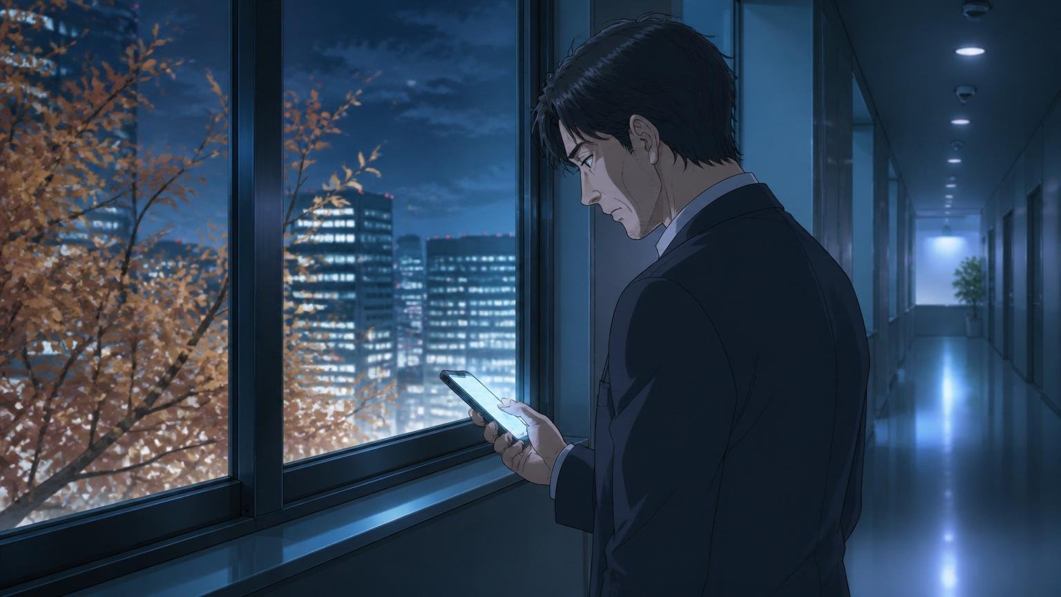 スマホを手に物思いにふける30〜40代男性のイメージ