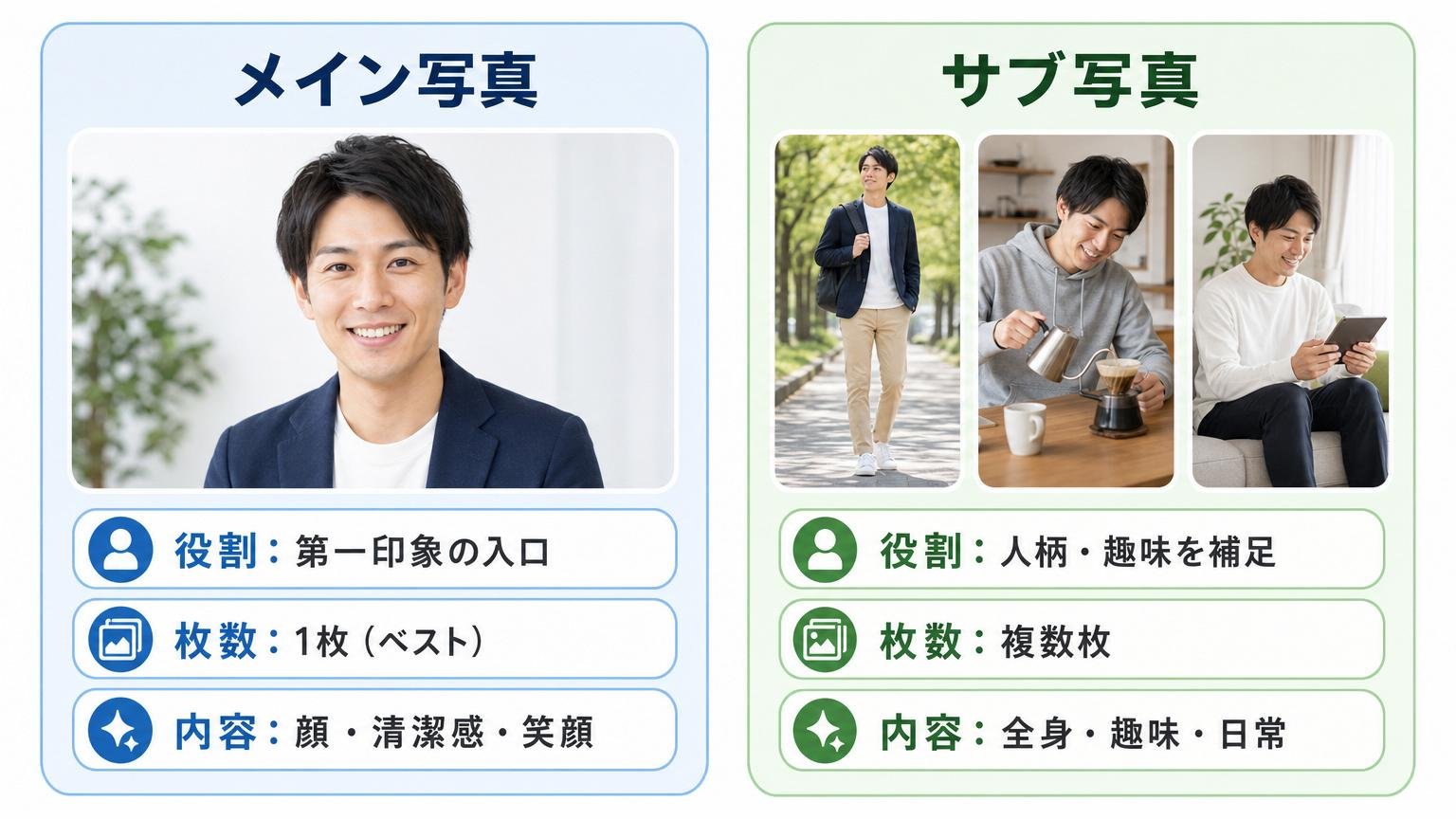 マッチングアプリのメイン写真とサブ写真の役割・枚数・内容を比較した図解