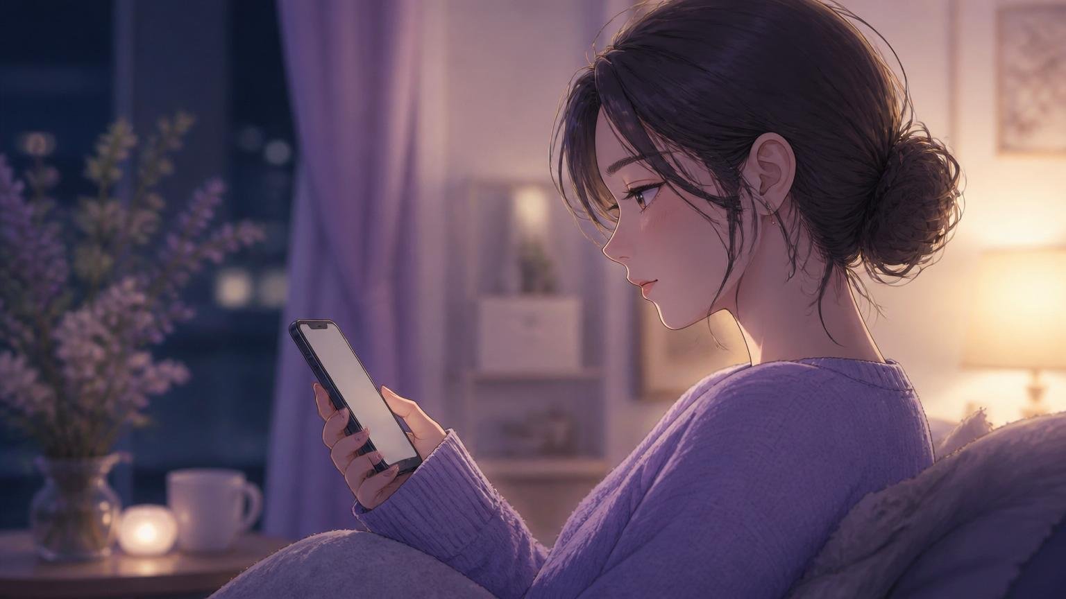 通知のないスマホを静かに見つめる女性のイメージ
