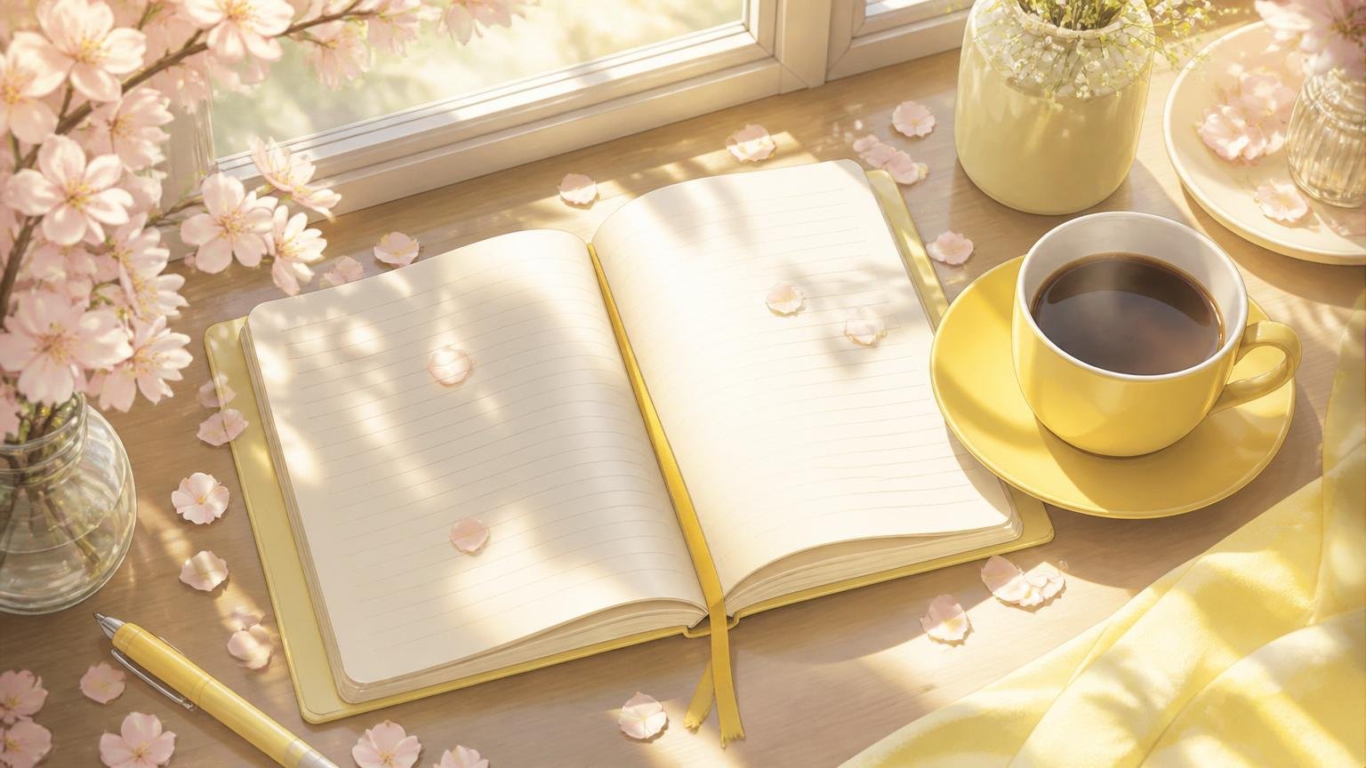 机の上のノートとコーヒーの静かな情景