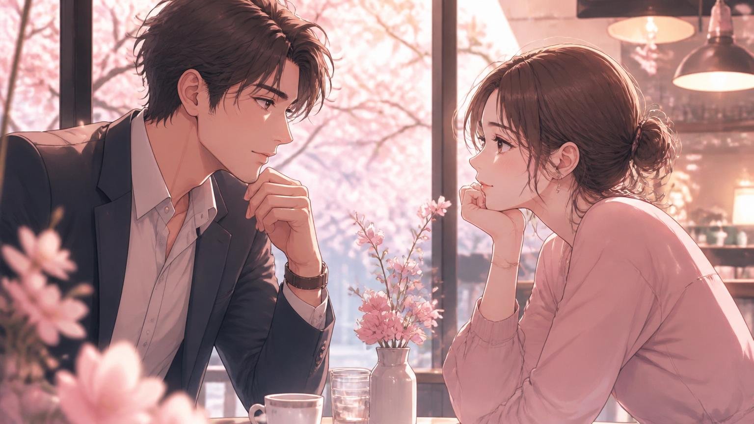 カフェで向かい合って話す30代の男女のイメージ
