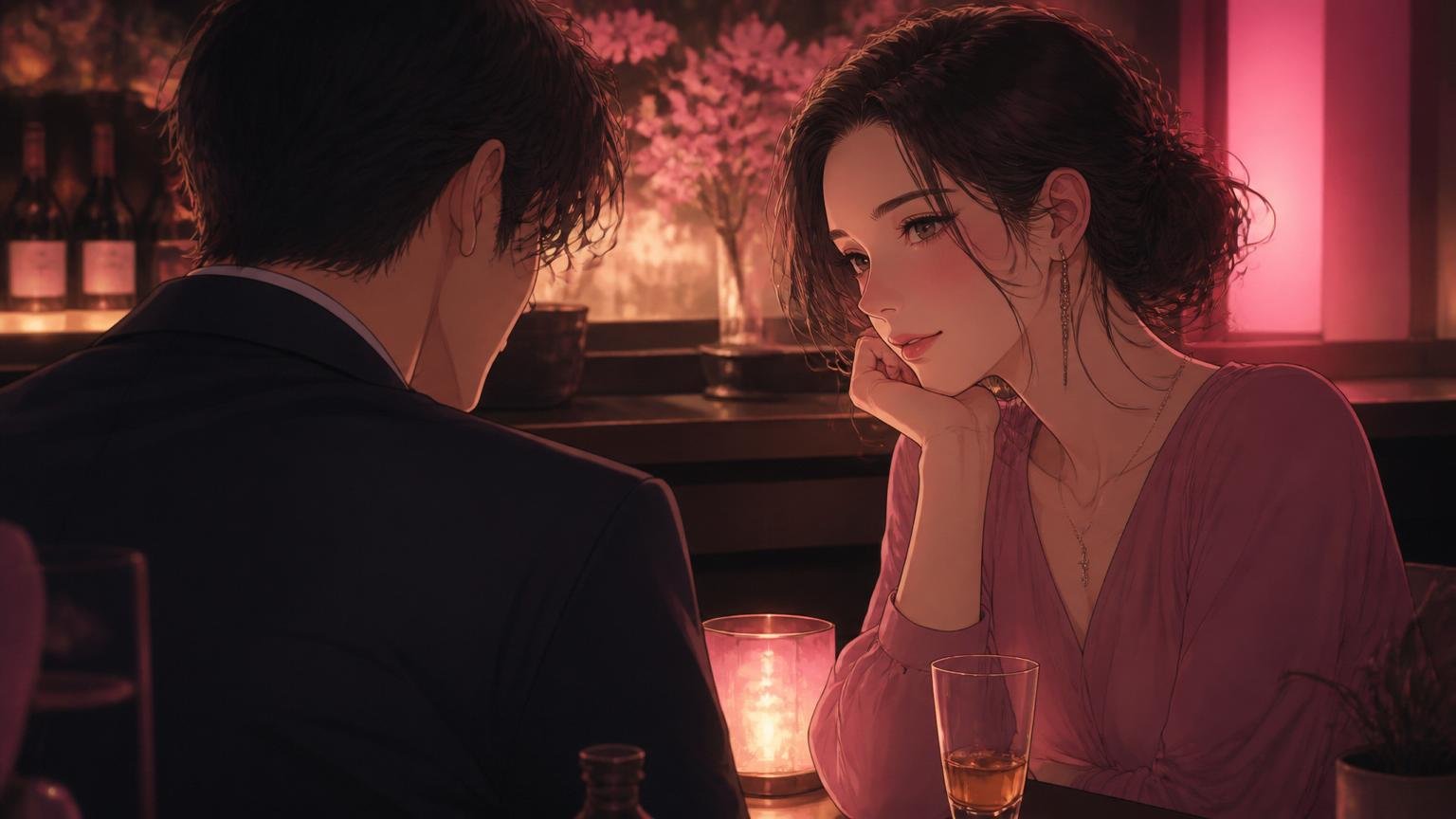 薄暗いバーで向かい合う30代の男女のイメージ