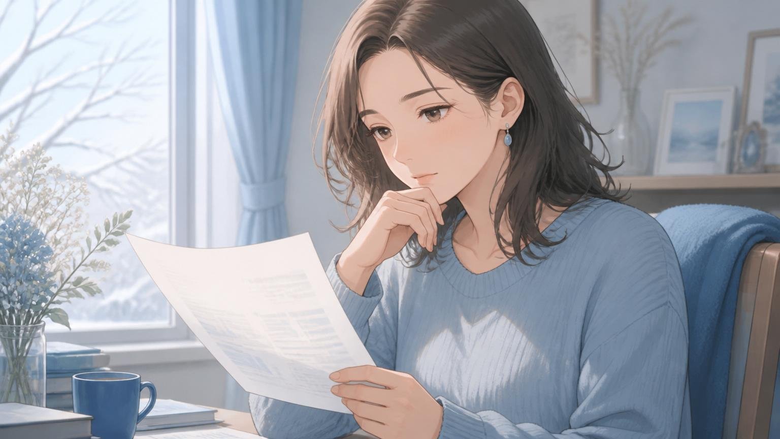 資料を見ながら考える女性のイメージ