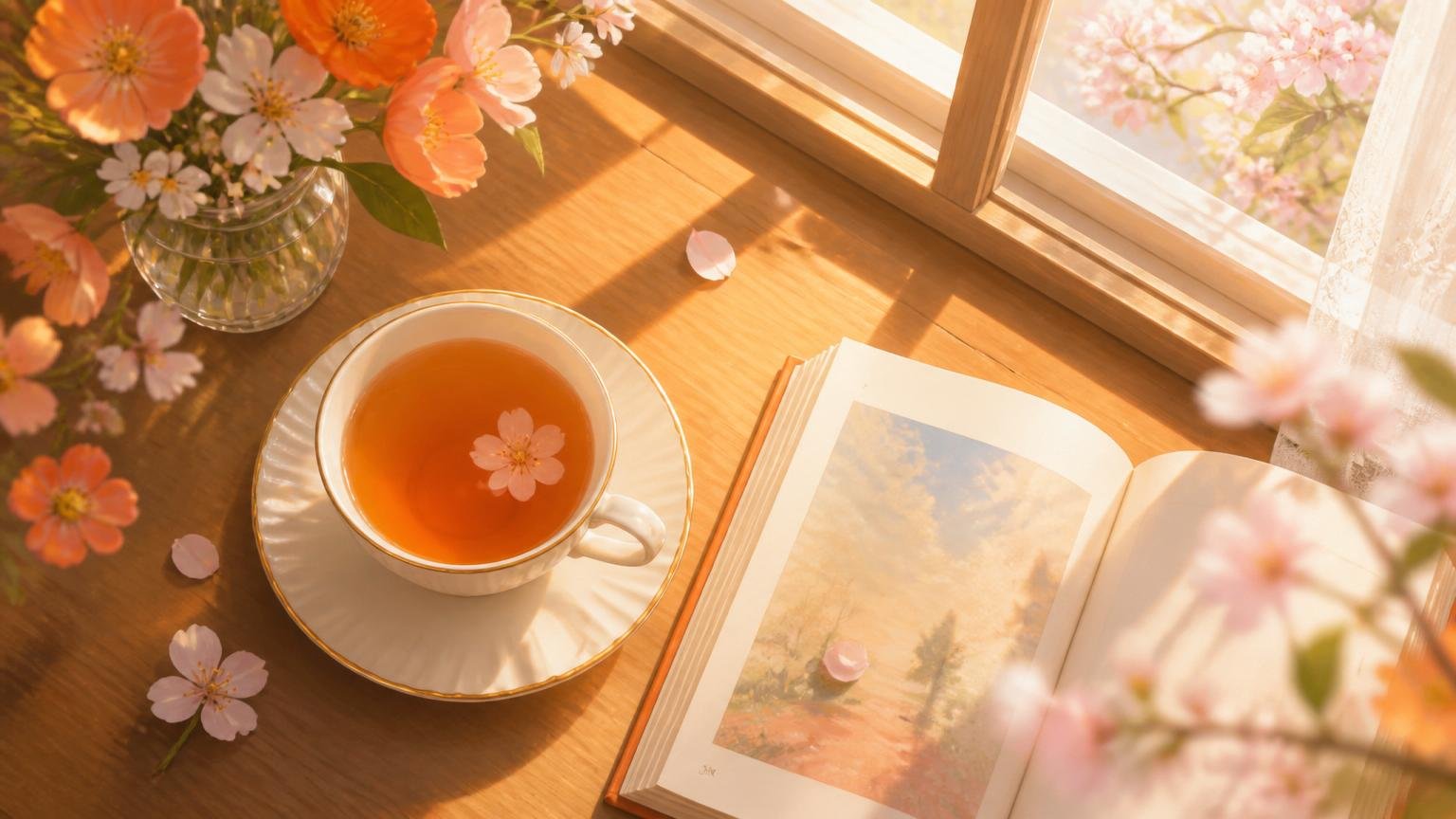お茶と本のある穏やかな情景