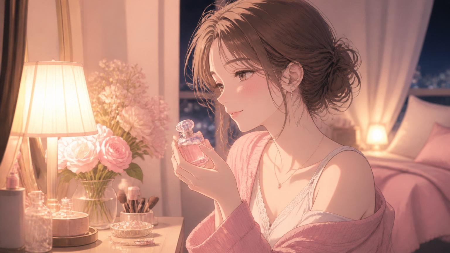 夜に自分だけの時間を過ごし、好きな香りで心を整える女性のイメージ