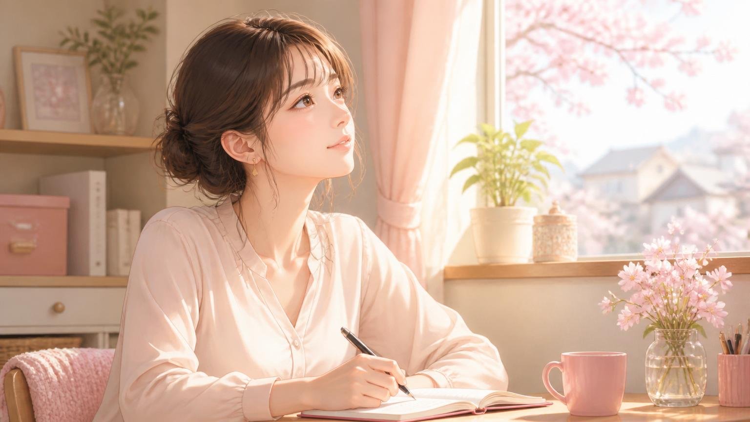 窓辺でノートに気持ちを書き出し、心を整える女性のイメージ