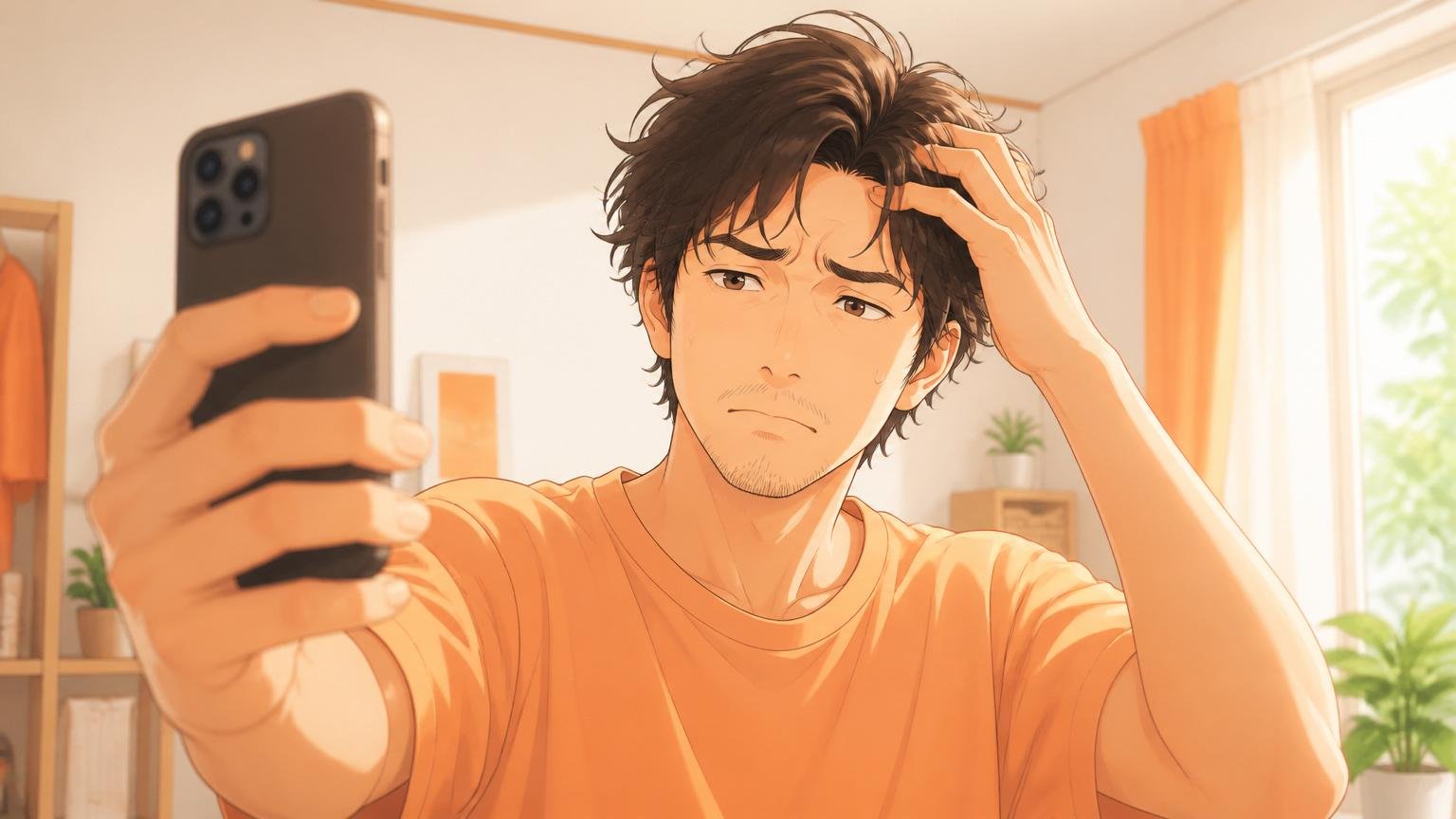 自撮りがうまくいかず悩む男性のイメージ