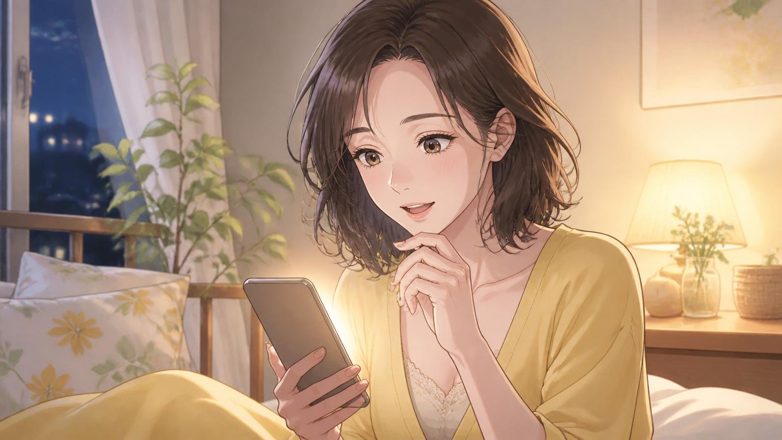 夜にスマホの通知を見て驚く30代女性のイメージ