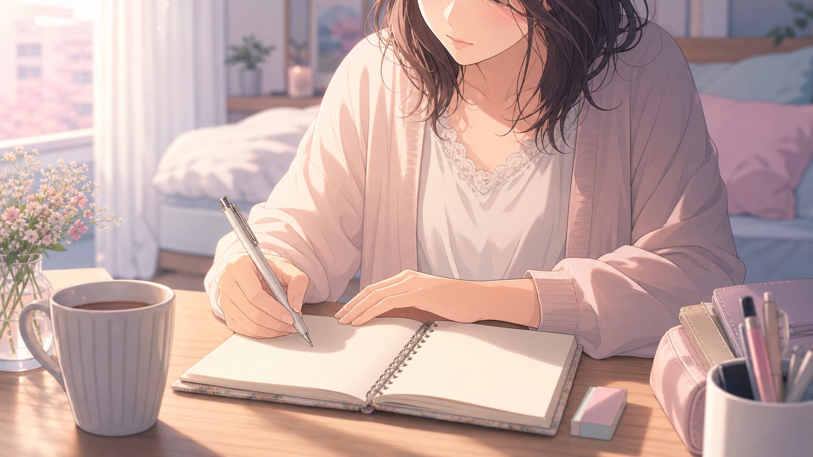 既婚者との恋愛の辛い気持ちをノートに書き出す女性