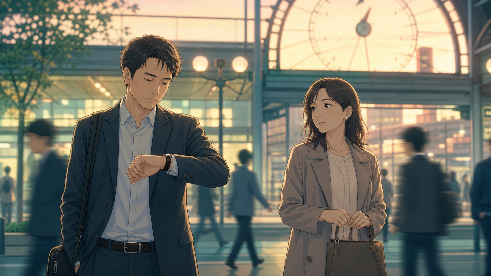 会える時間が限られる既婚者との恋愛を駅で見つめる男女
