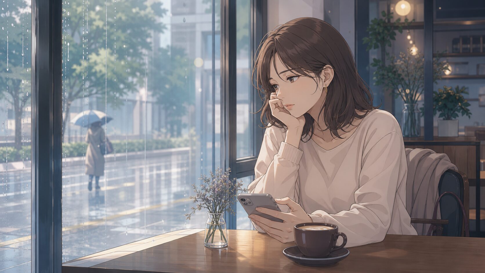 既婚者との恋愛が辛い理由を雨の日のカフェで考える女性