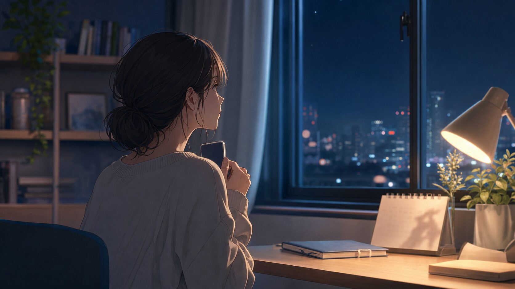既婚者との恋愛の将来不安を夜の部屋で抱える女性