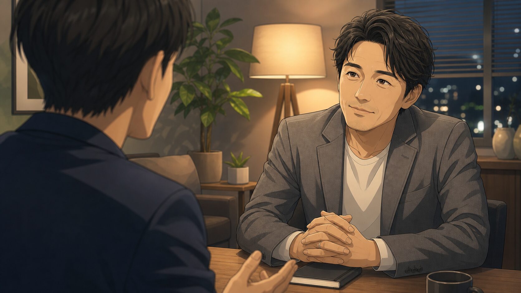 相手の話を穏やかに聞く既婚男性