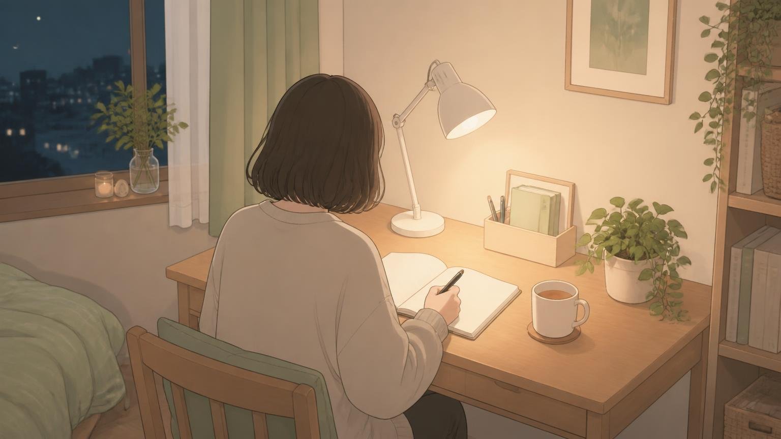 静かな部屋で一人、気持ちを書き出しながら整理している人物のイラスト