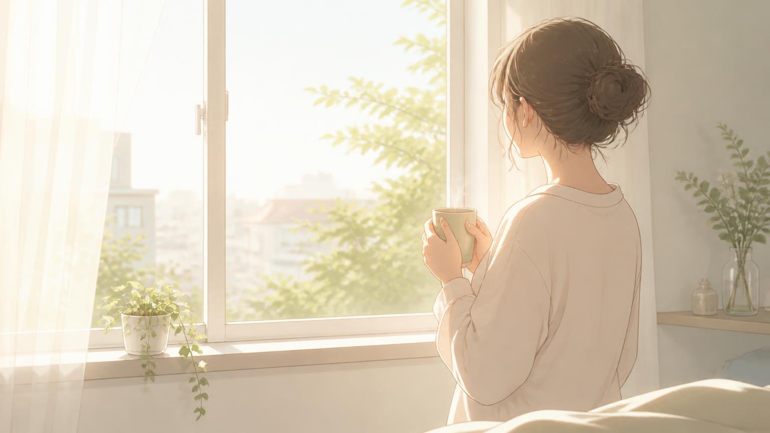 窓辺で温かい飲み物を手に、これからのことを静かに考えている女性のイラスト