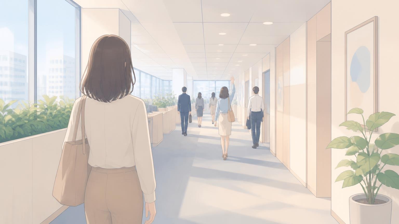 明るいオフィスの廊下で、離れた場所から軽く手を挙げて挨拶を交わす様子のイラスト