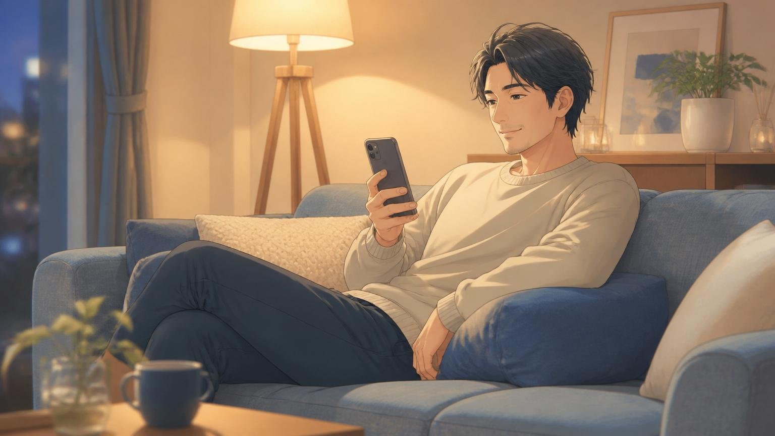 スマホでヒールメイトの料金プランを確認する既婚男性のイメージ