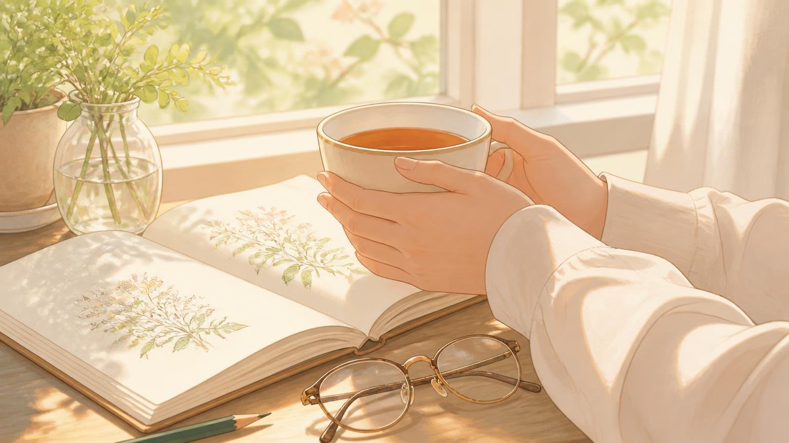 自分のための時間を穏やかに過ごしている人物の手元を描いたイラスト