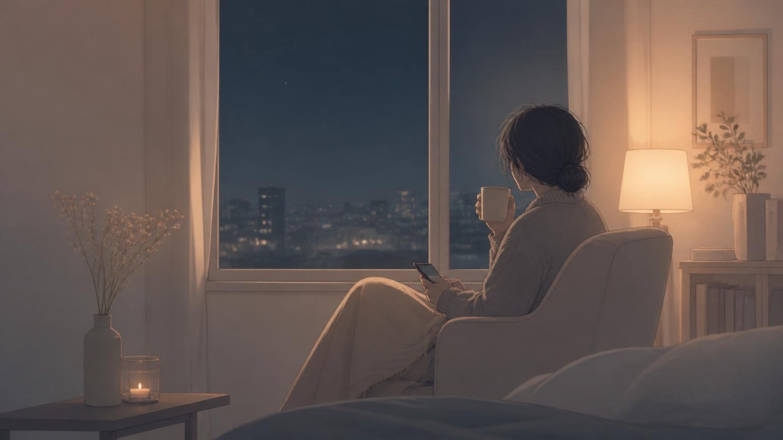 夜に一人で静かに気持ちを整理する人物のイメージイラスト