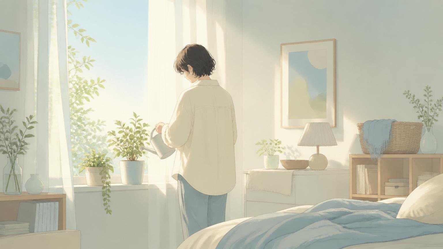 自分のためだけの穏やかな時間を過ごす人物のイメージイラスト