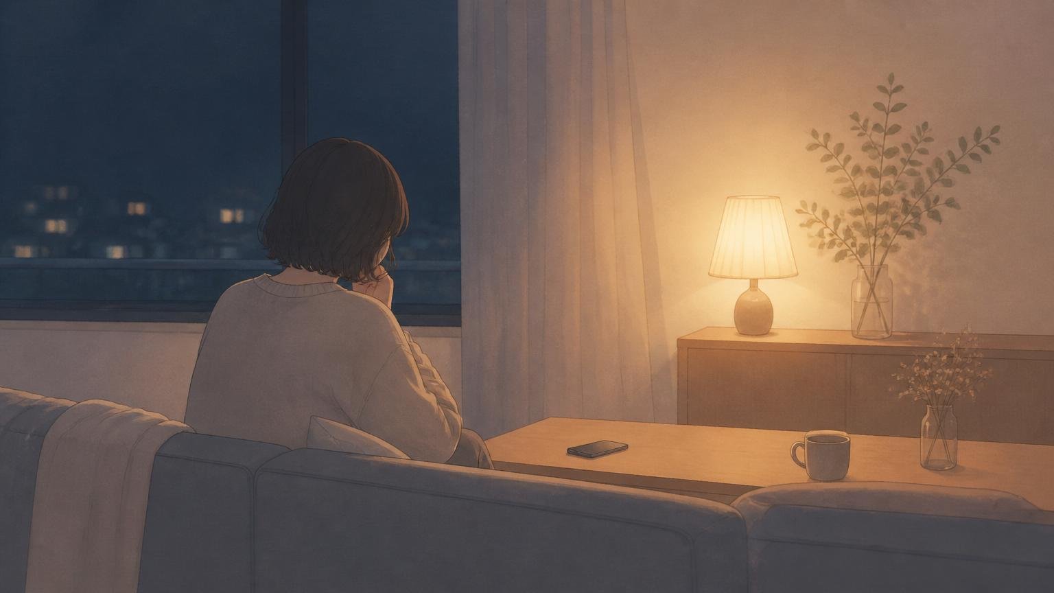 夜に一人で静かに自分の気持ちと向き合う人物のイメージイラスト