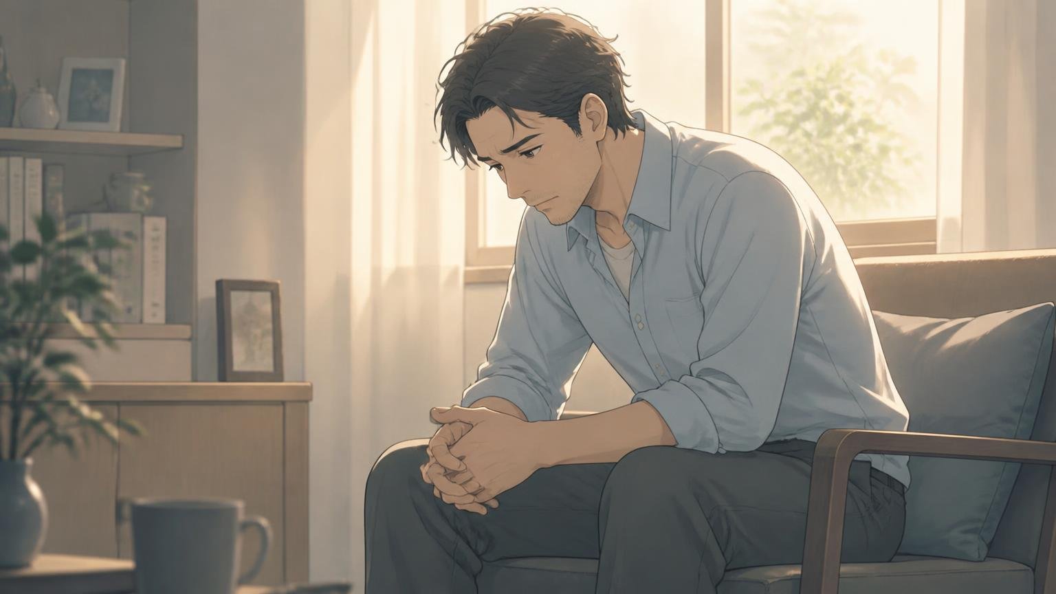 好意を伝えられ、答えを出せずに考え込んでいる既婚男性のイラスト